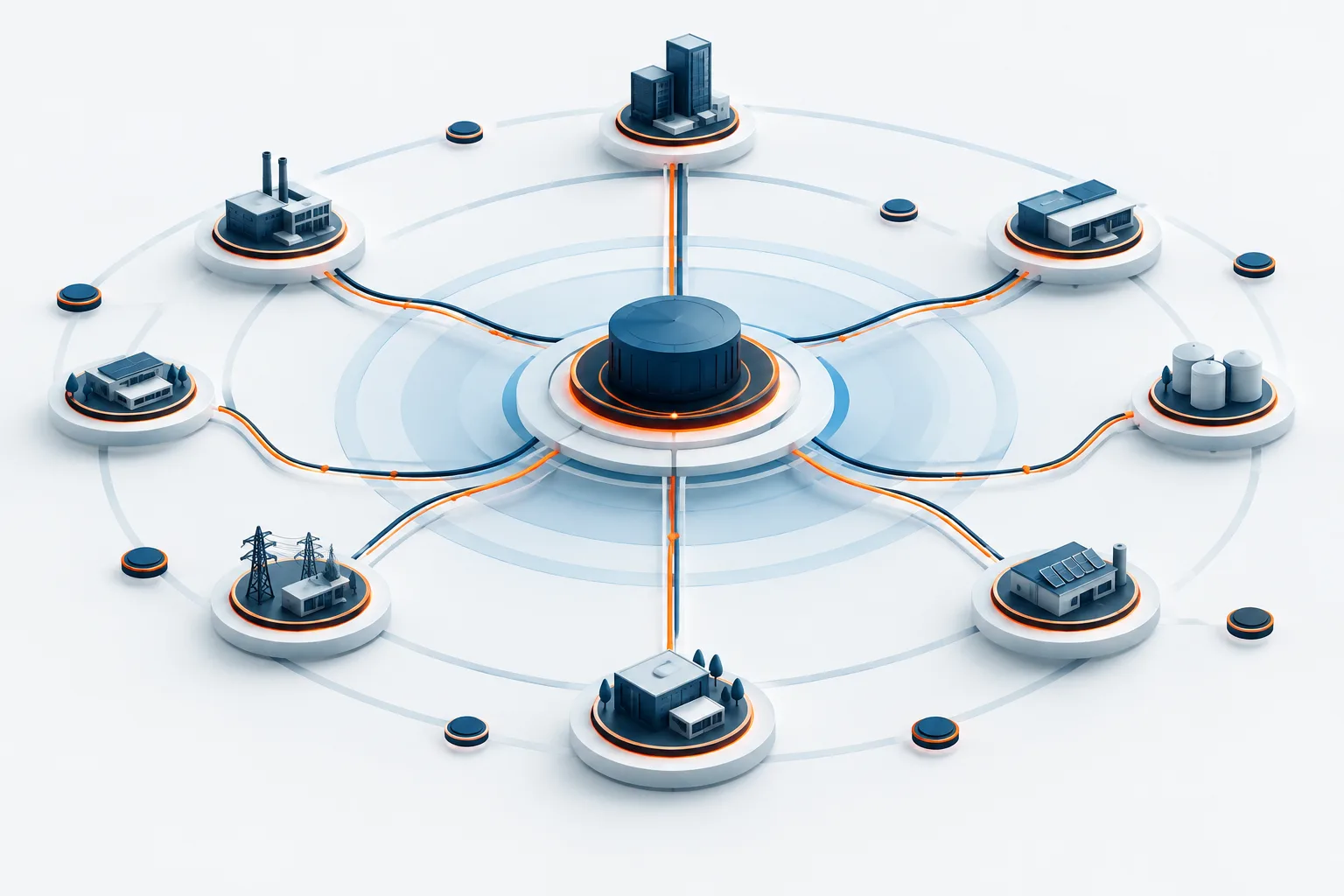 Abstract network nodes connected through a central monitoring point.