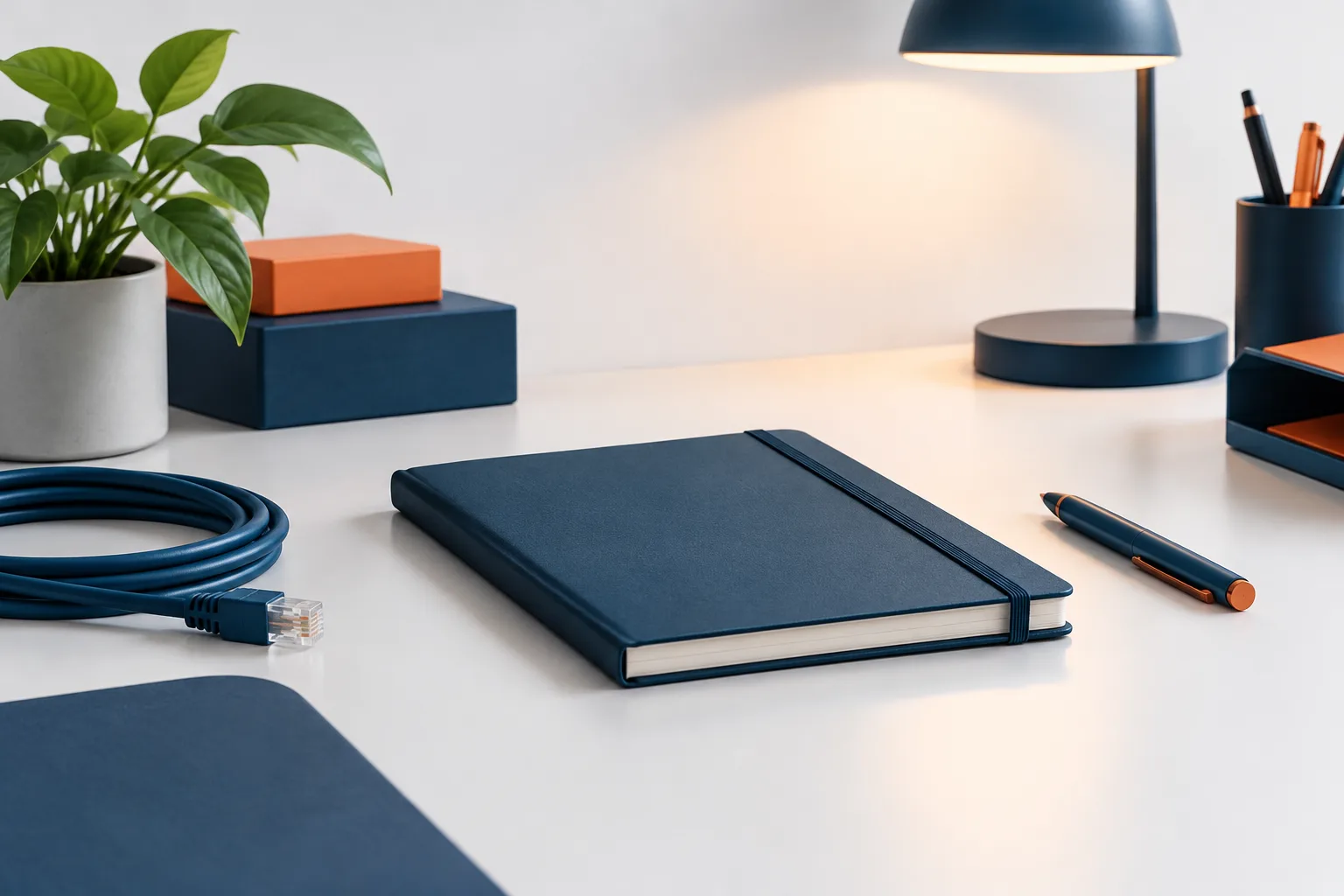 A tidy business desk with a notebook and network cable in soft blue light.