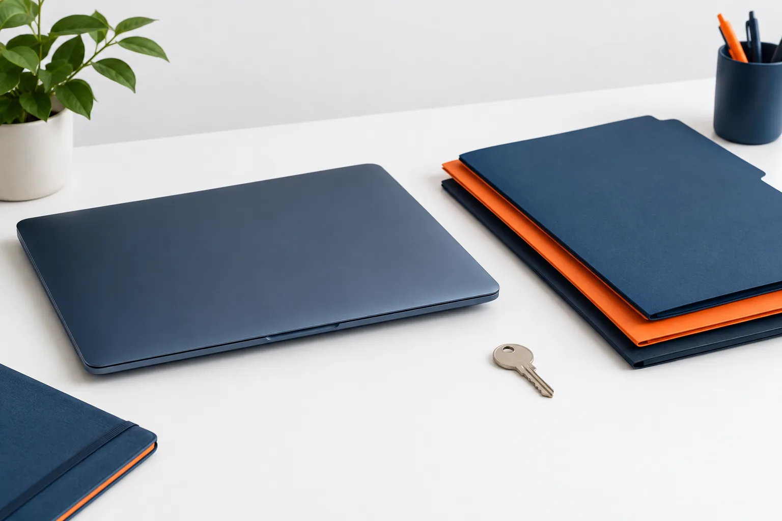 A closed laptop beside neatly arranged blank folders and a metal key.